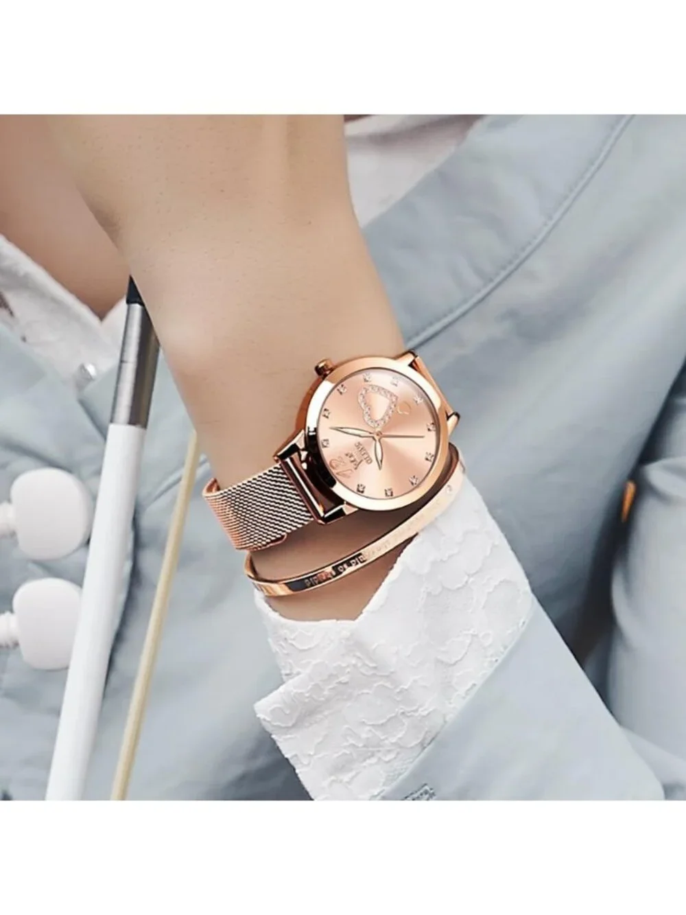 Women's Pink Mesh Strap Fashion Dress Hearts Quartz Bracelet Sets Ladies Watch